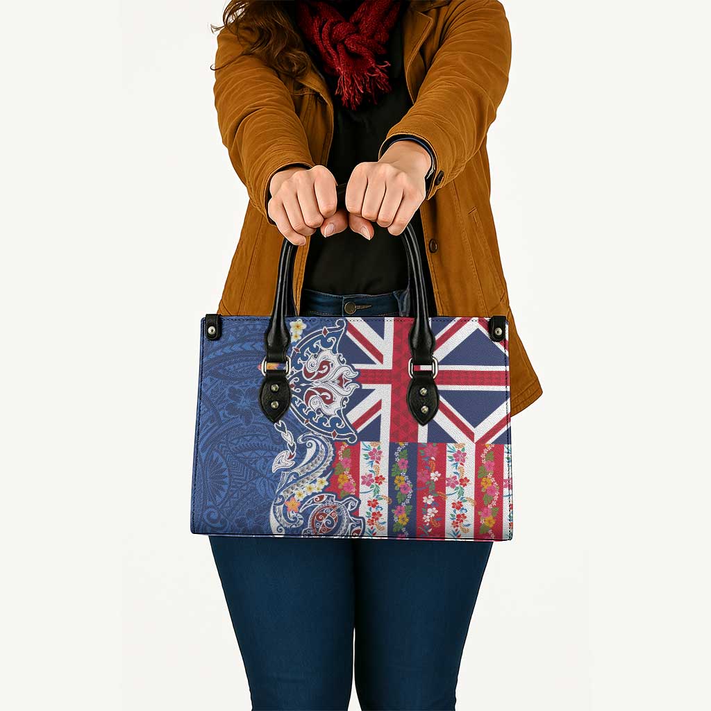 Hawaiian Manta Ray and Turtle Tribal Tattoo Leather Bag With Hawaii Flag and Flowers LT03 - Polynesian Pride