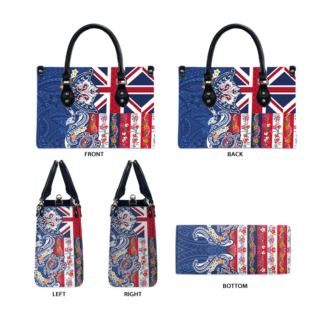 Hawaiian Manta Ray and Turtle Tribal Tattoo Leather Bag With Hawaii Flag and Flowers LT03 - Polynesian Pride