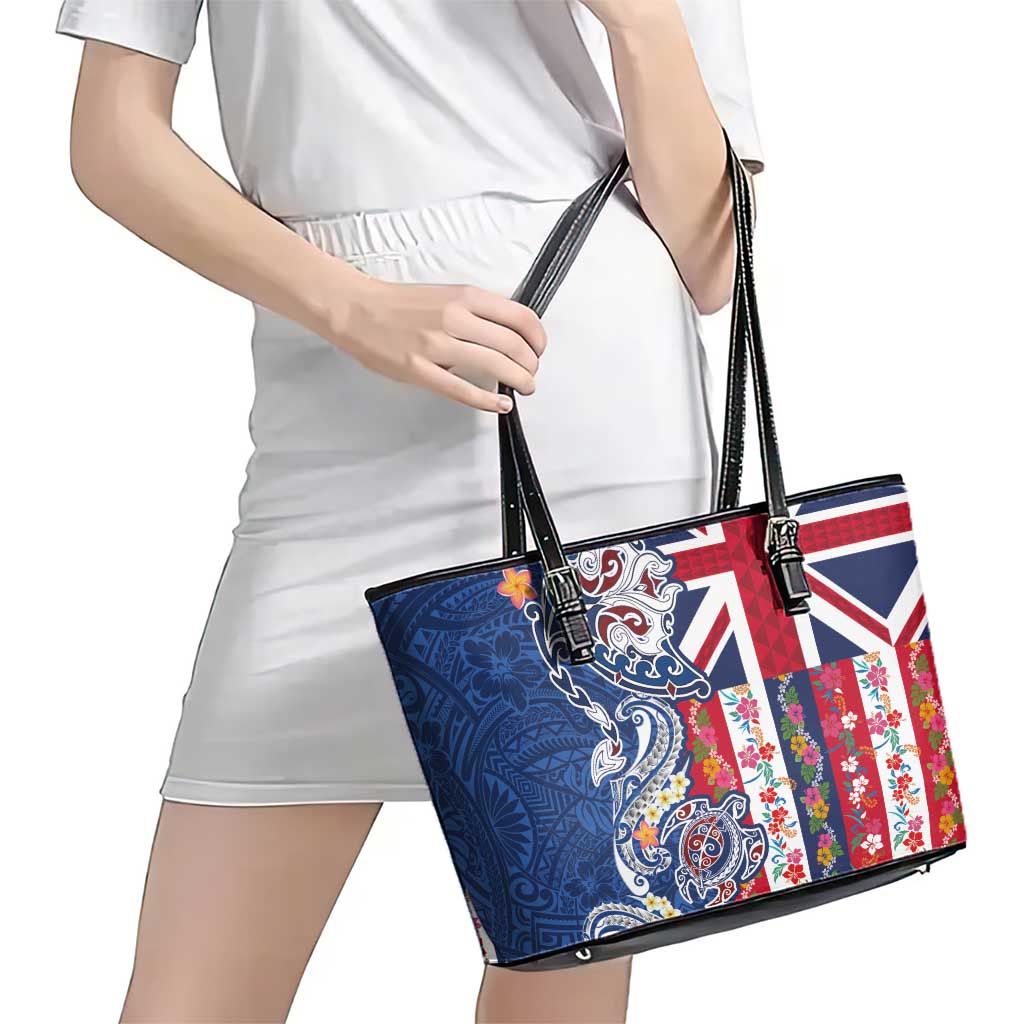 Hawaiian Manta Ray and Turtle Tribal Tattoo Leather Tote Bag With Hawaii Flag and Flowers LT03 - Polynesian Pride