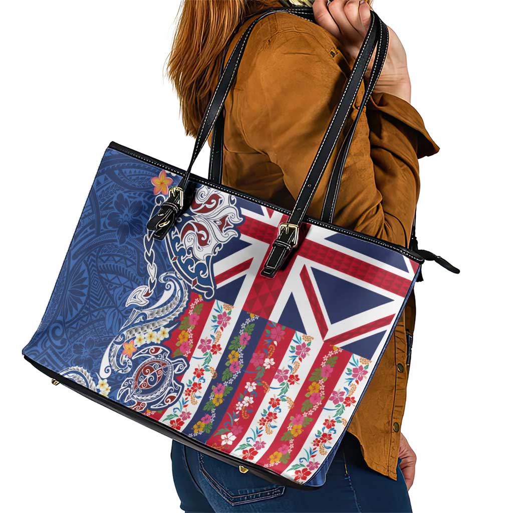 Hawaiian Manta Ray and Turtle Tribal Tattoo Leather Tote Bag With Hawaii Flag and Flowers LT03 - Polynesian Pride