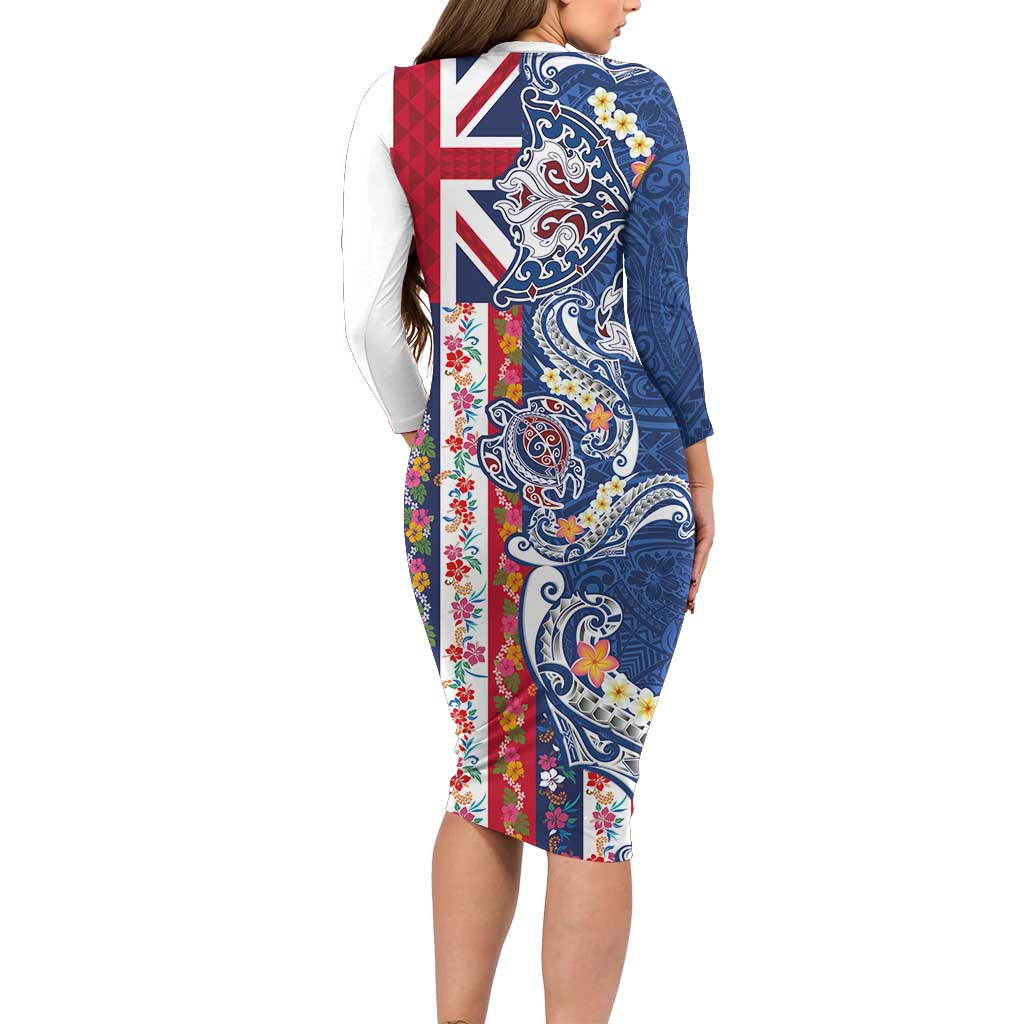 Hawaiian Manta Ray and Turtle Tribal Tattoo Long Sleeve Bodycon Dress With Hawaii Flag and Flowers