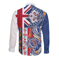 Hawaiian Manta Ray and Turtle Tribal Tattoo Long Sleeve Button Shirt With Hawaii Flag and Flowers LT03 - Polynesian Pride