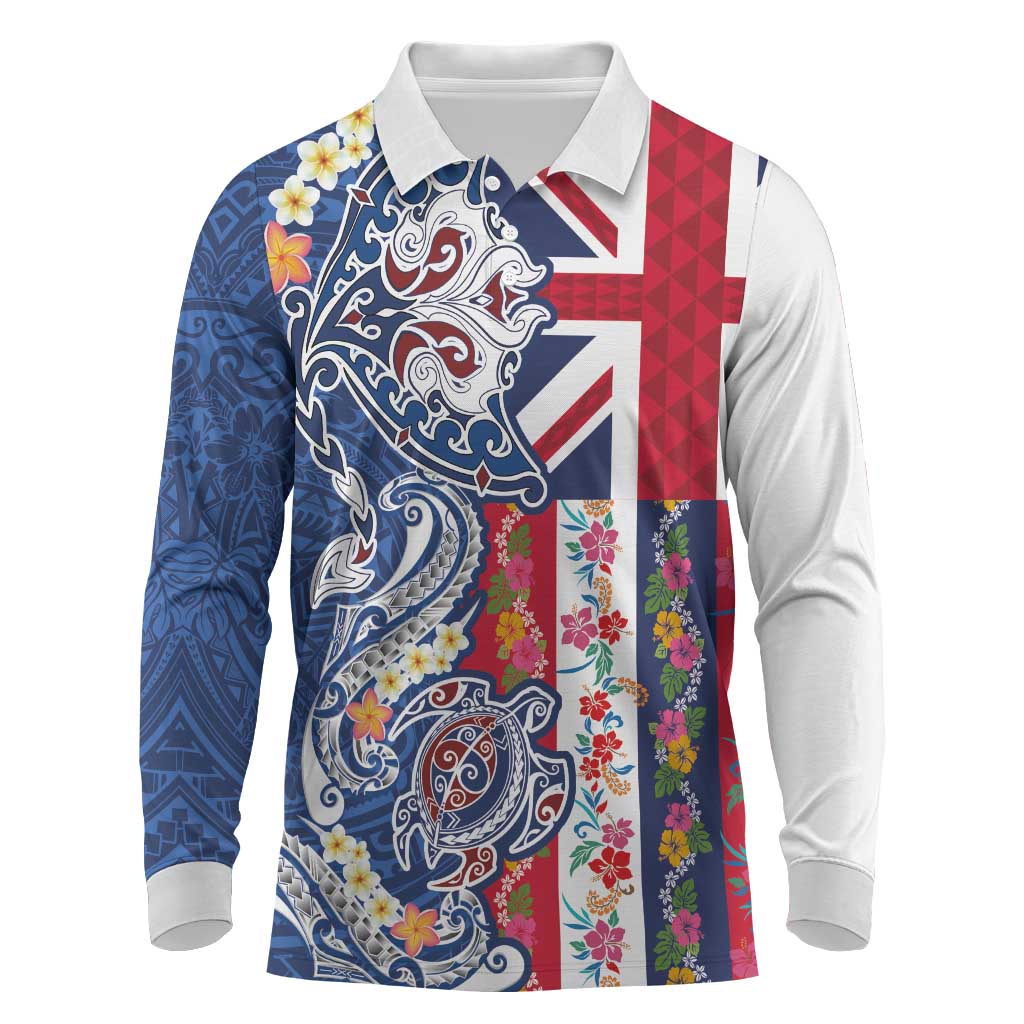 Hawaiian Manta Ray and Turtle Tribal Tattoo Long Sleeve Polo Shirt With Hawaii Flag and Flowers