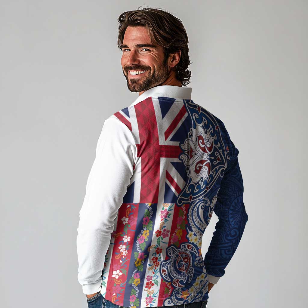 Hawaiian Manta Ray and Turtle Tribal Tattoo Long Sleeve Polo Shirt With Hawaii Flag and Flowers LT03 - Polynesian Pride