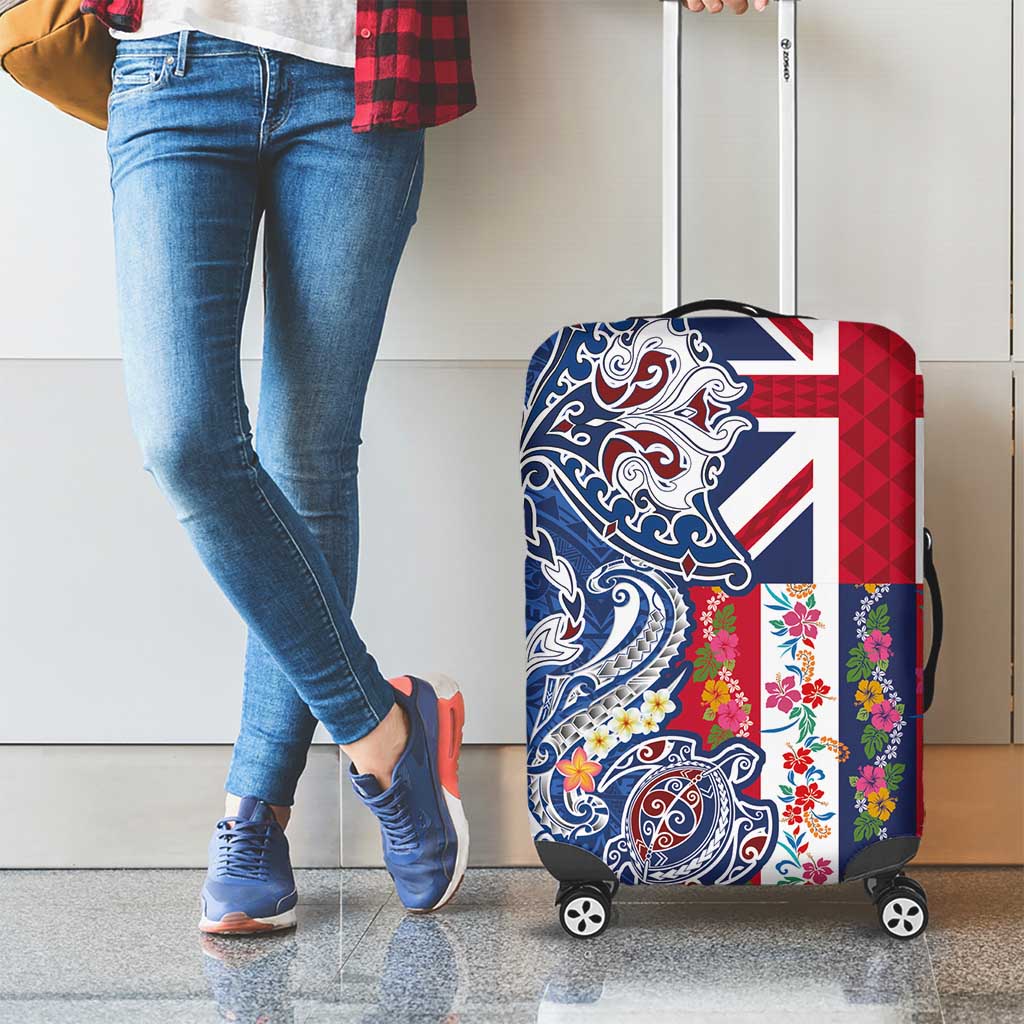 Hawaiian Manta Ray and Turtle Tribal Tattoo Luggage Cover With Hawaii Flag and Flowers LT03 - Polynesian Pride