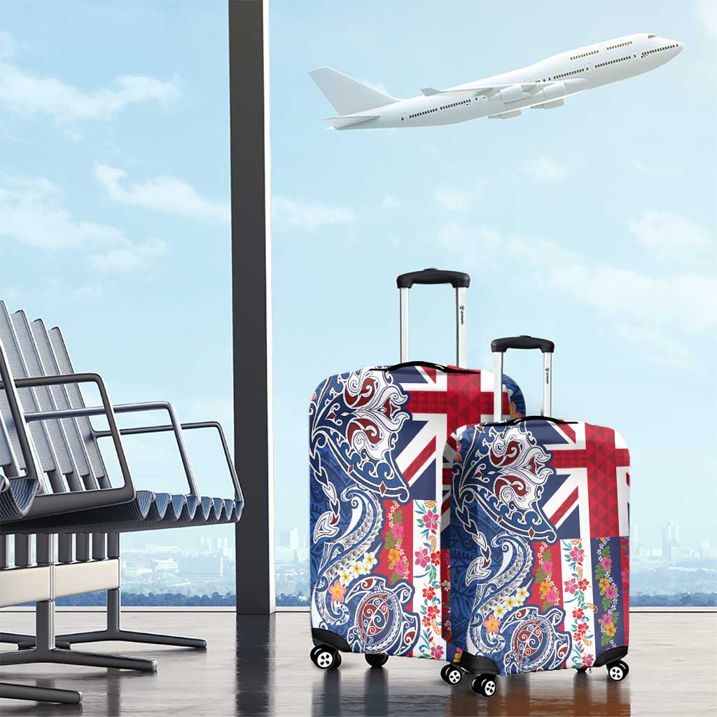 Hawaiian Manta Ray and Turtle Tribal Tattoo Luggage Cover With Hawaii Flag and Flowers LT03 - Polynesian Pride