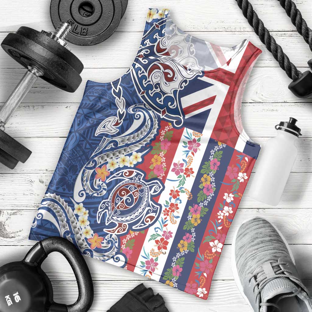 Hawaiian Manta Ray and Turtle Tribal Tattoo Men Tank Top With Hawaii Flag and Flowers LT03 - Polynesian Pride