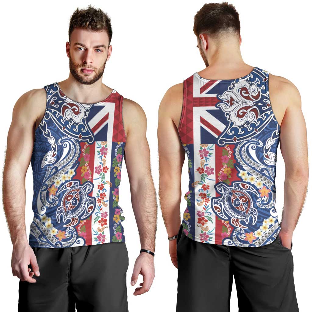 Hawaiian Manta Ray and Turtle Tribal Tattoo Men Tank Top With Hawaii Flag and Flowers LT03 - Polynesian Pride