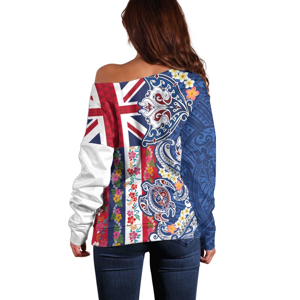 Hawaiian Manta Ray and Turtle Tribal Tattoo Off Shoulder Sweater With Hawaii Flag and Flowers LT03 - Polynesian Pride