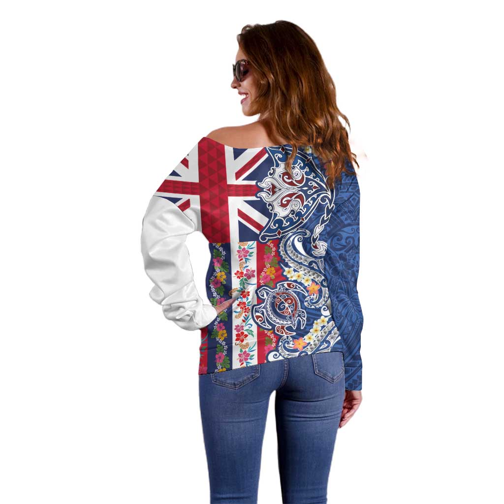Hawaiian Manta Ray and Turtle Tribal Tattoo Off Shoulder Sweater With Hawaii Flag and Flowers LT03 - Polynesian Pride