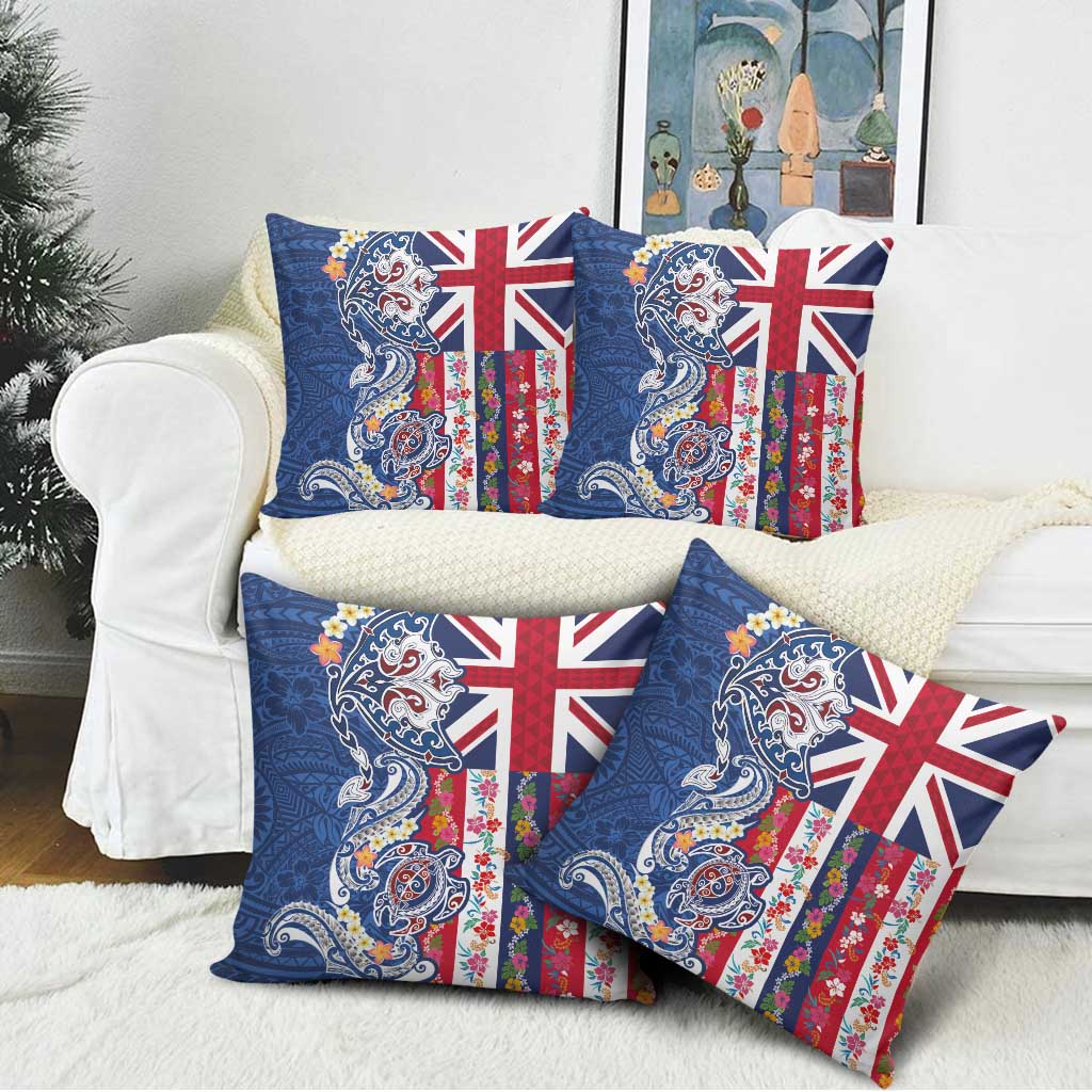 Hawaiian Manta Ray and Turtle Tribal Tattoo Pillow Cover With Hawaii Flag and Flowers LT03 - Polynesian Pride