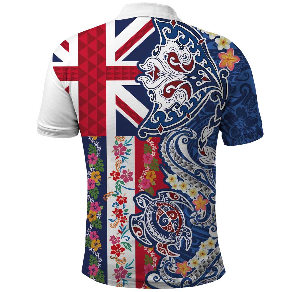 Hawaiian Manta Ray and Turtle Tribal Tattoo Polo Shirt With Hawaii Flag and Flowers LT03 - Polynesian Pride