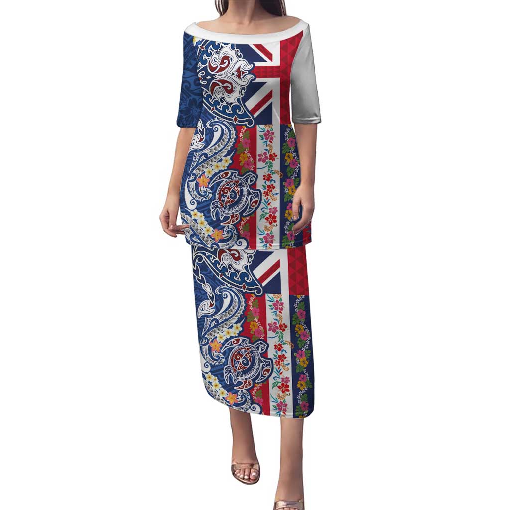 Hawaiian Manta Ray and Turtle Tribal Tattoo Puletasi With Hawaii Flag and Flowers LT03 Long Dress Multicolor - Polynesian Pride