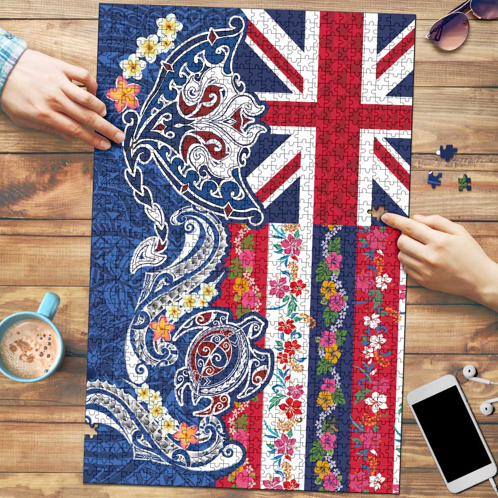 Hawaiian Manta Ray and Turtle Tribal Tattoo Puzzle With Hawaii Flag and Flowers