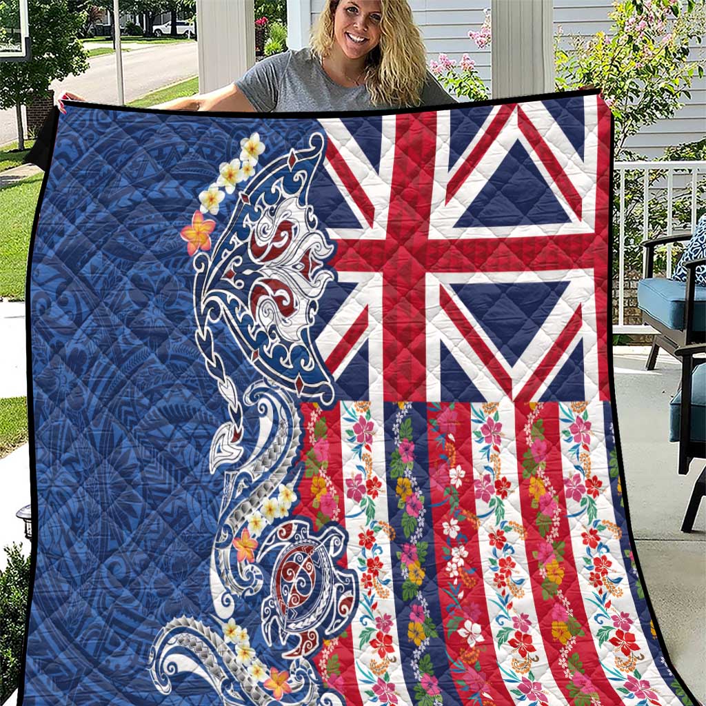 Hawaiian Manta Ray and Turtle Tribal Tattoo Quilt With Hawaii Flag and Flowers LT03 Multicolor - Polynesian Pride