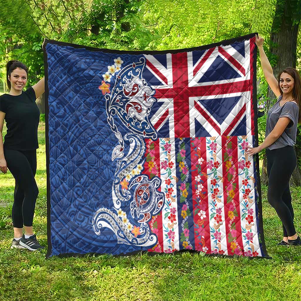 Hawaiian Manta Ray and Turtle Tribal Tattoo Quilt With Hawaii Flag and Flowers LT03 - Polynesian Pride