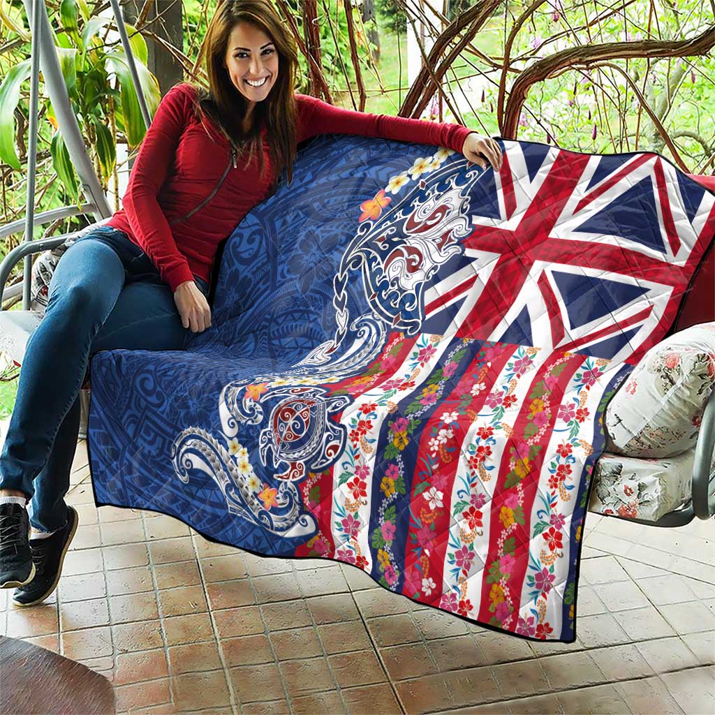 Hawaiian Manta Ray and Turtle Tribal Tattoo Quilt With Hawaii Flag and Flowers LT03 - Polynesian Pride