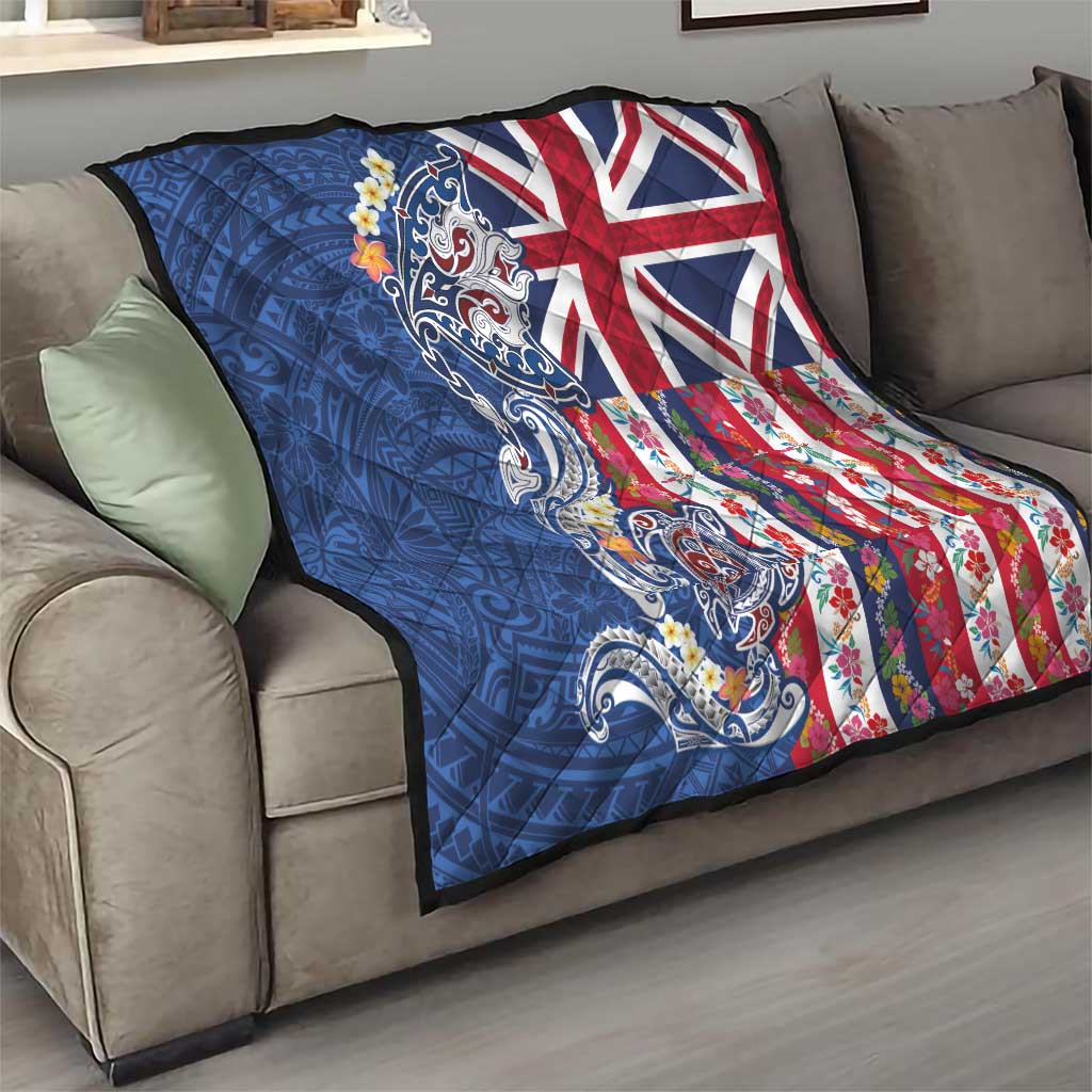 Hawaiian Manta Ray and Turtle Tribal Tattoo Quilt With Hawaii Flag and Flowers LT03 - Polynesian Pride