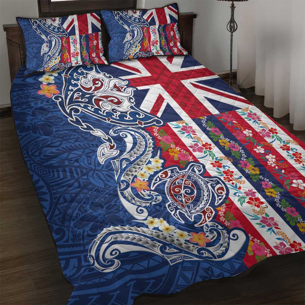 Hawaiian Manta Ray and Turtle Tribal Tattoo Quilt Bed Set With Hawaii Flag and Flowers