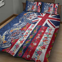 Hawaiian Manta Ray and Turtle Tribal Tattoo Quilt Bed Set With Hawaii Flag and Flowers LT03 - Polynesian Pride