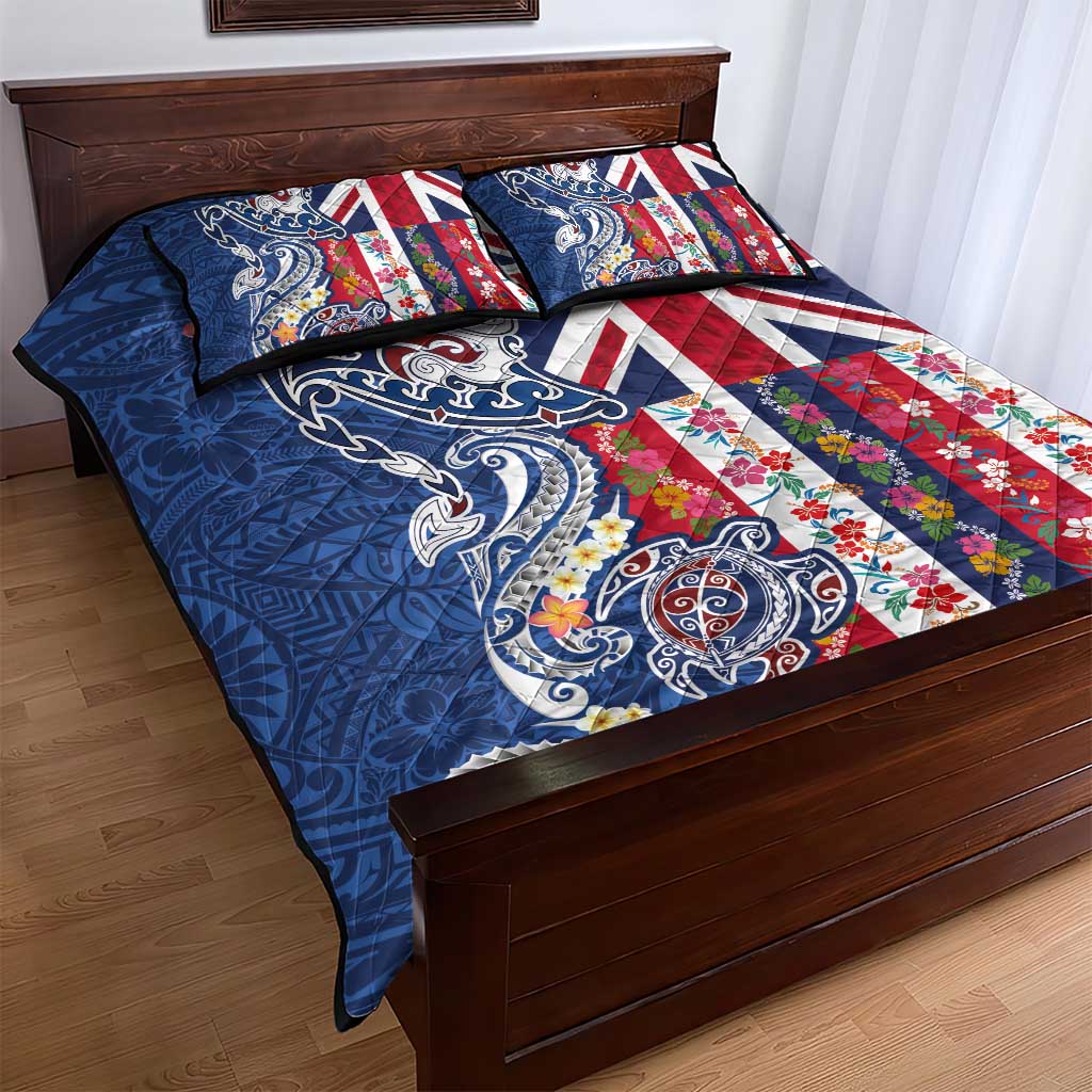 Hawaiian Manta Ray and Turtle Tribal Tattoo Quilt Bed Set With Hawaii Flag and Flowers LT03 - Polynesian Pride