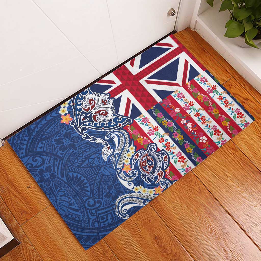Hawaiian Manta Ray and Turtle Tribal Tattoo Rubber Doormat With Hawaii Flag and Flowers LT03 - Polynesian Pride