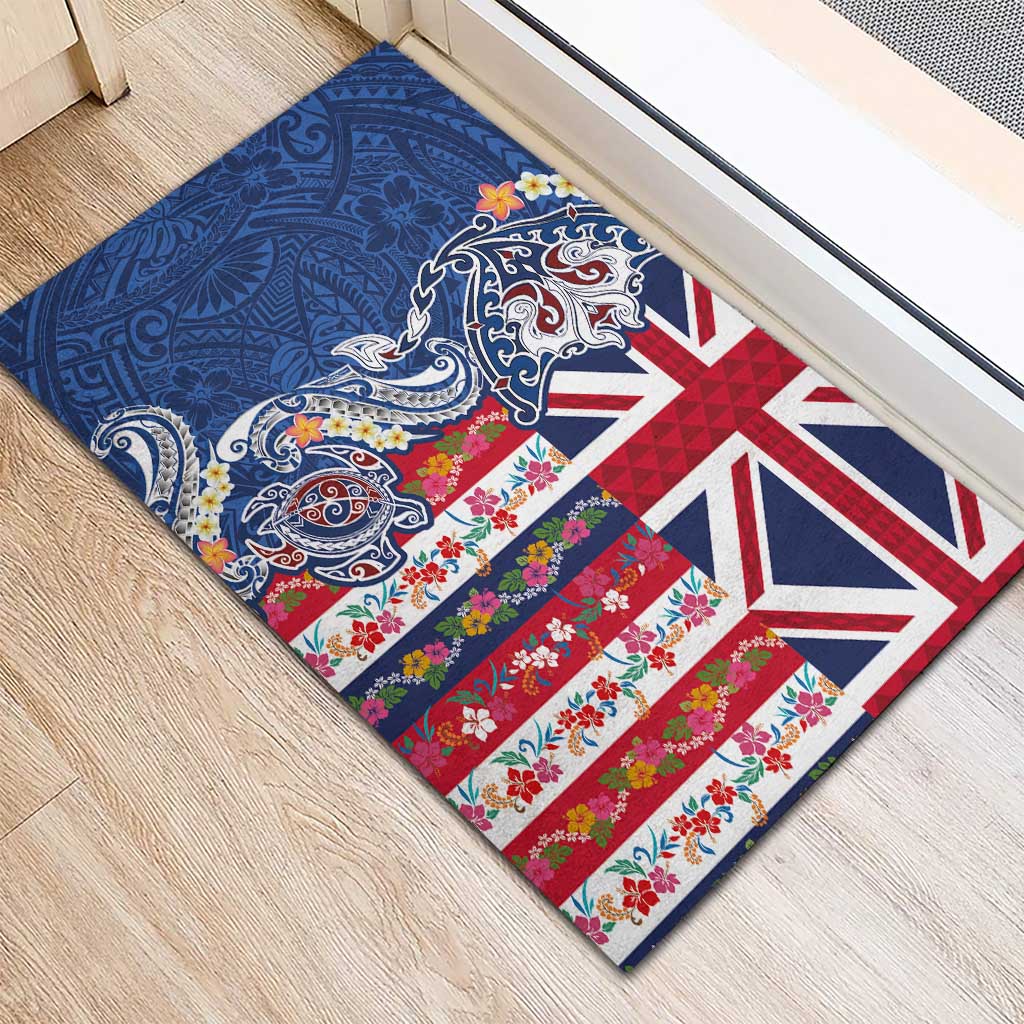 Hawaiian Manta Ray and Turtle Tribal Tattoo Rubber Doormat With Hawaii Flag and Flowers LT03 - Polynesian Pride