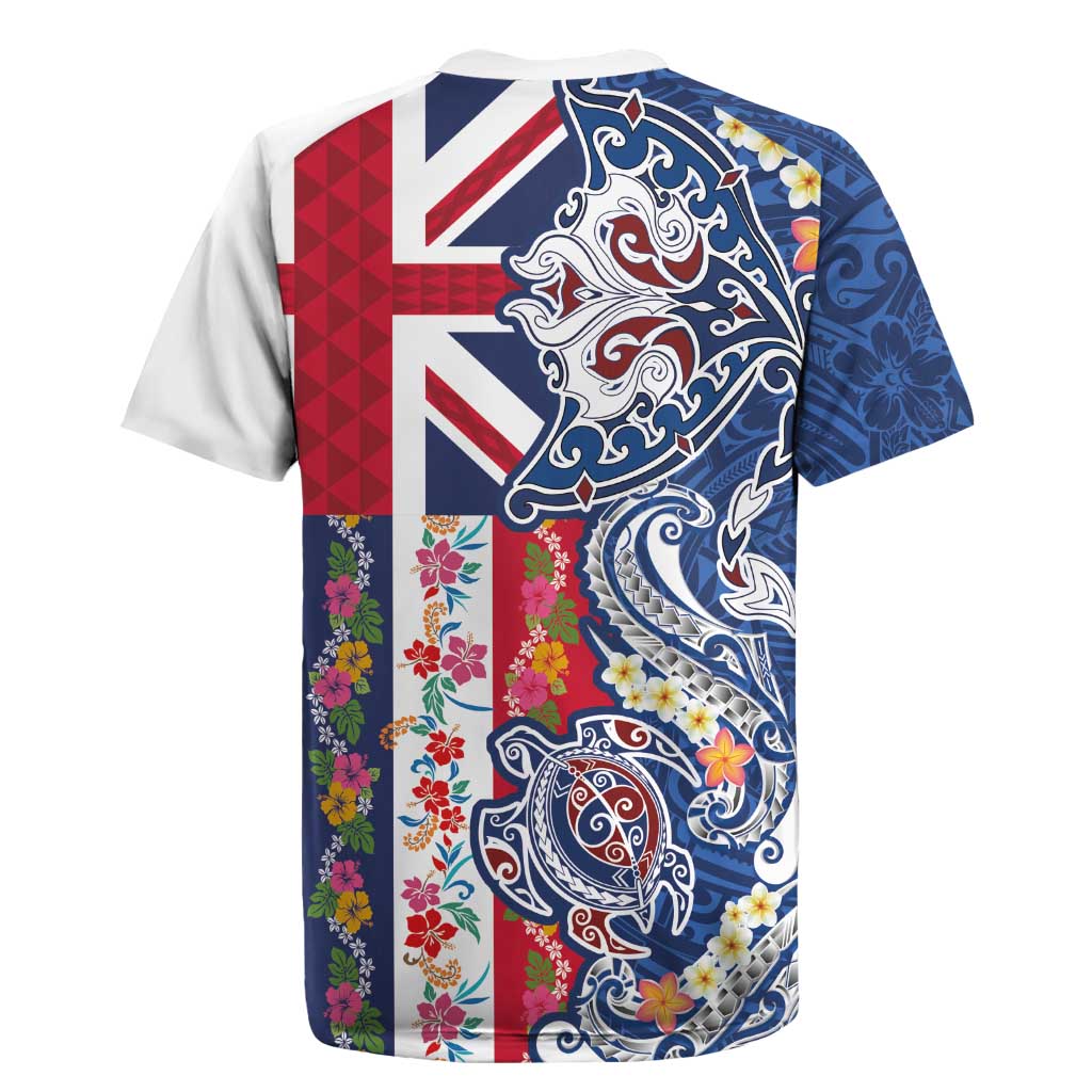 Hawaiian Manta Ray and Turtle Tribal Tattoo Rugby Jersey With Hawaii Flag and Flowers LT03 - Polynesian Pride