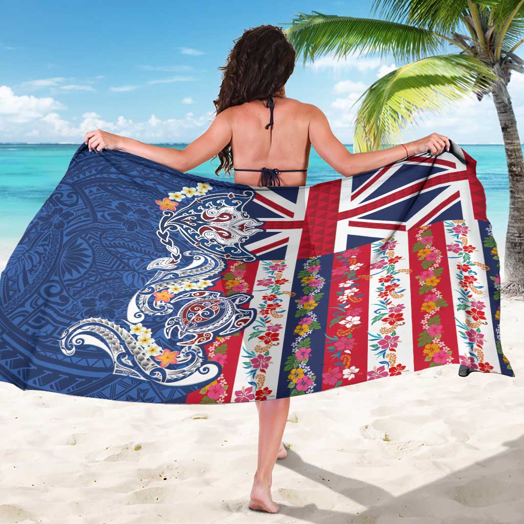 Hawaiian Manta Ray and Turtle Tribal Tattoo Sarong With Hawaii Flag and Flowers LT03 - Polynesian Pride