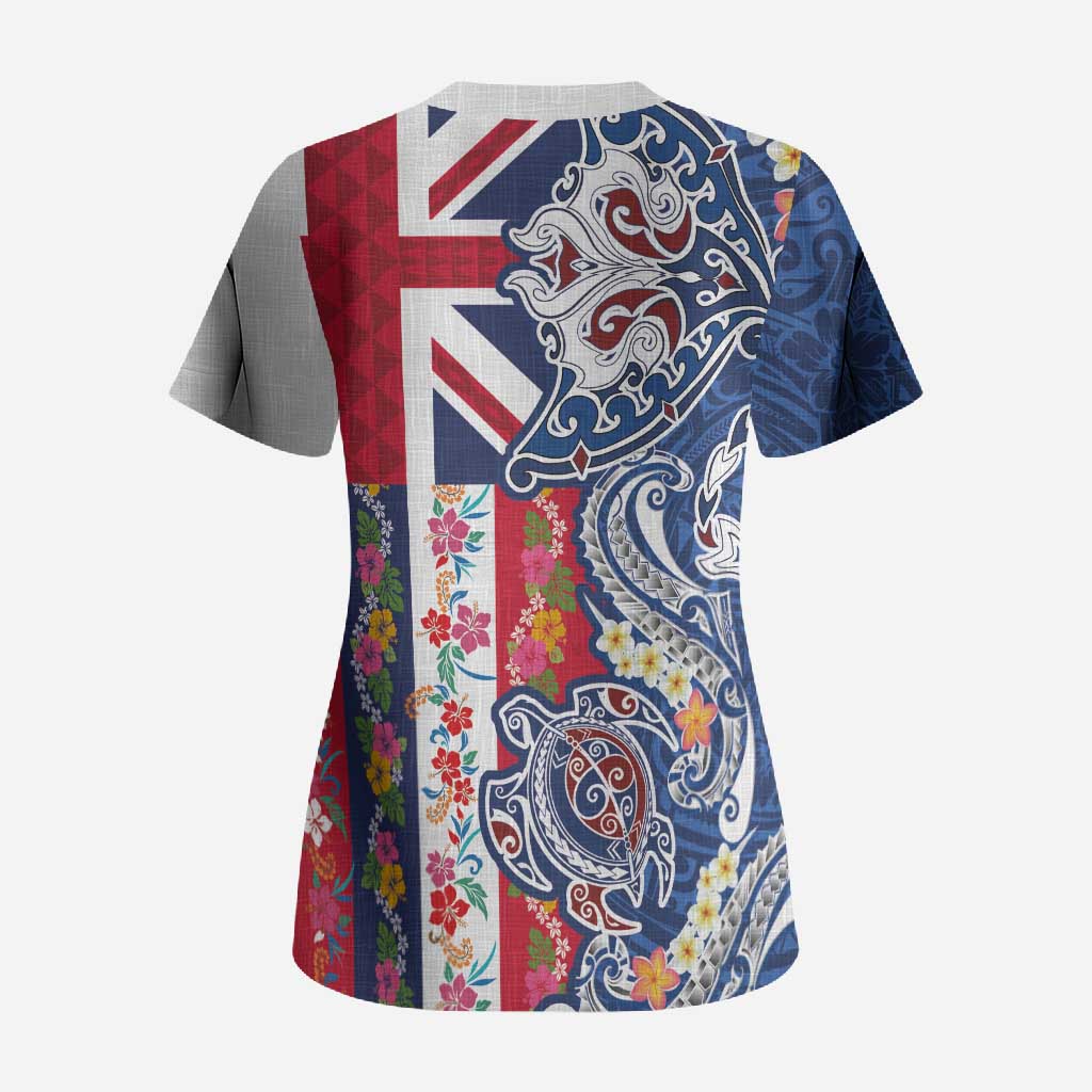 Hawaiian Manta Ray and Turtle Tribal Tattoo Scrub Top With Hawaii Flag and Flowers
