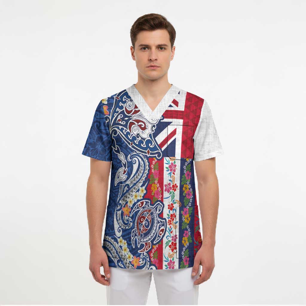 Hawaiian Manta Ray and Turtle Tribal Tattoo Scrub Top With Hawaii Flag and Flowers