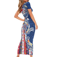 Hawaiian Manta Ray and Turtle Tribal Tattoo Short Sleeve Bodycon Dress With Hawaii Flag and Flowers