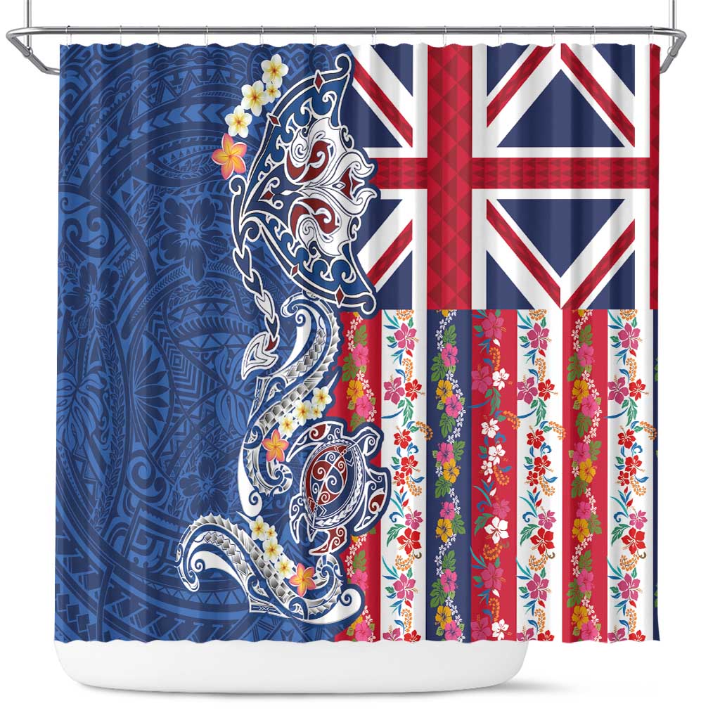 Hawaiian Manta Ray and Turtle Tribal Tattoo Shower Curtain With Hawaii Flag and Flowers LT03 Multicolor - Polynesian Pride