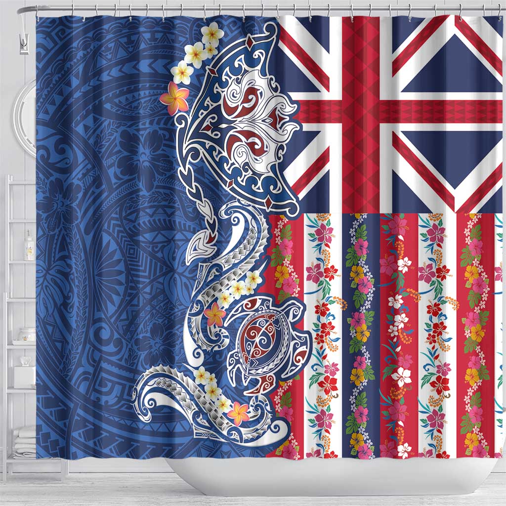 Hawaiian Manta Ray and Turtle Tribal Tattoo Shower Curtain With Hawaii Flag and Flowers LT03 - Polynesian Pride