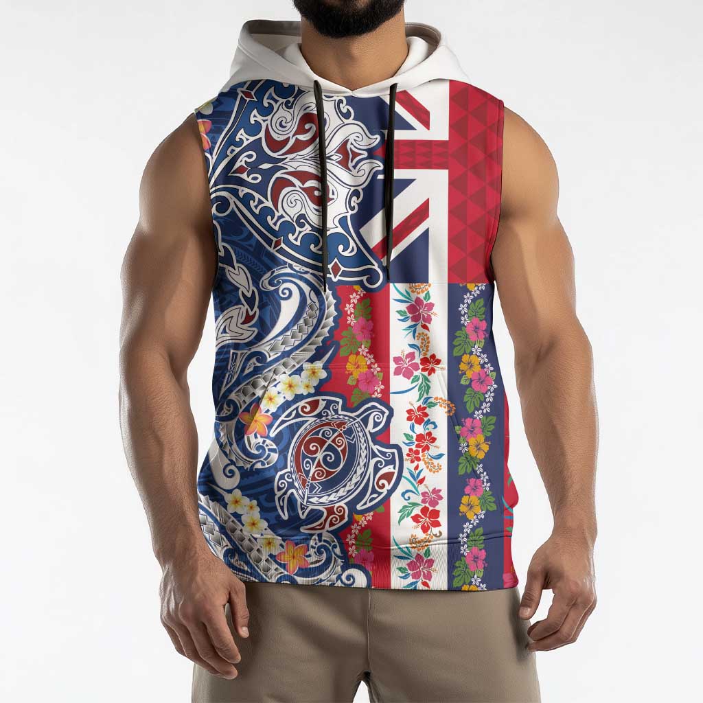 Hawaiian Manta Ray and Turtle Tribal Tattoo Sleeveless Hoodie With Hawaii Flag and Flowers LT03 - Polynesian Pride