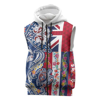 Hawaiian Manta Ray and Turtle Tribal Tattoo Sleeveless Zip Hoodie With Hawaii Flag and Flowers LT03 Multicolor - Polynesian Pride