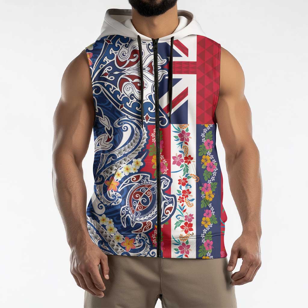 Hawaiian Manta Ray and Turtle Tribal Tattoo Sleeveless Zip Hoodie With Hawaii Flag and Flowers LT03 - Polynesian Pride