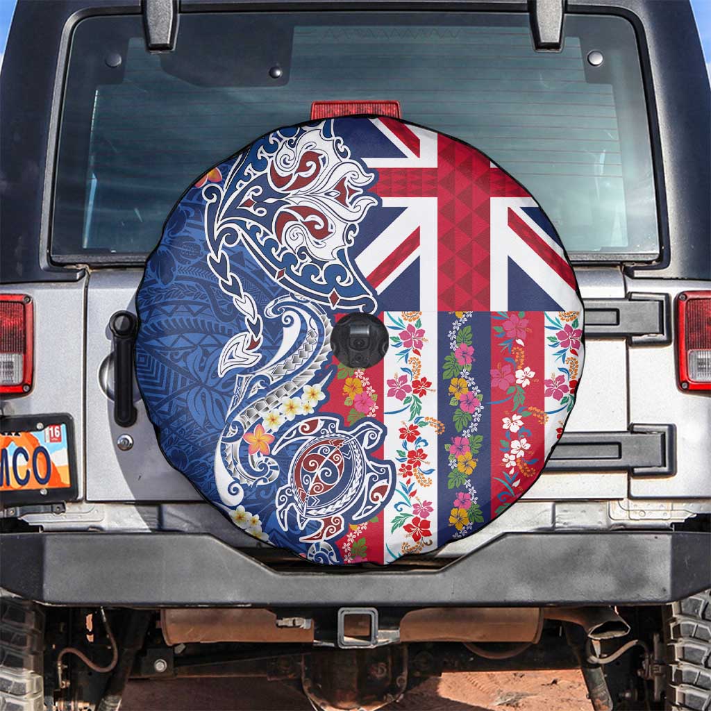 Hawaiian Manta Ray and Turtle Tribal Tattoo Spare Tire Cover With Hawaii Flag and Flowers LT03 Multicolor - Polynesian Pride