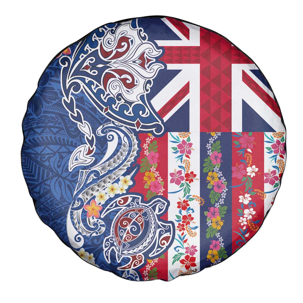 Hawaiian Manta Ray and Turtle Tribal Tattoo Spare Tire Cover With Hawaii Flag and Flowers LT03 - Polynesian Pride