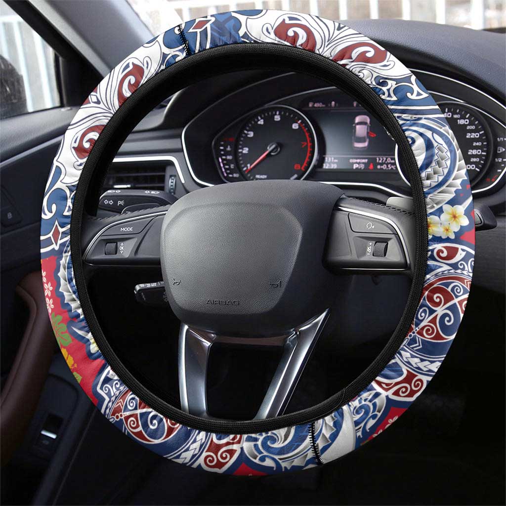 Hawaiian Manta Ray and Turtle Tribal Tattoo Steering Wheel Cover With Hawaii Flag and Flowers LT03 - Polynesian Pride