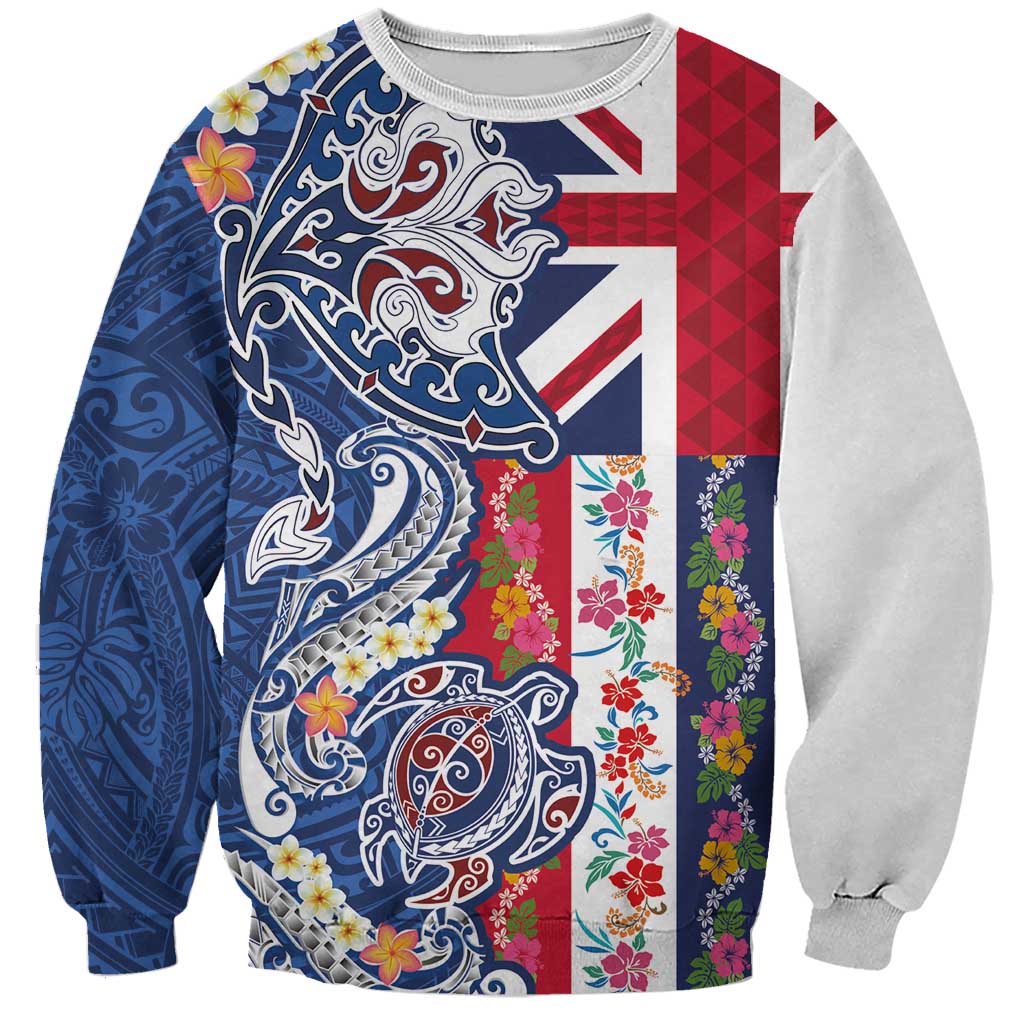 Hawaiian Manta Ray and Turtle Tribal Tattoo Sweatshirt With Hawaii Flag and Flowers
