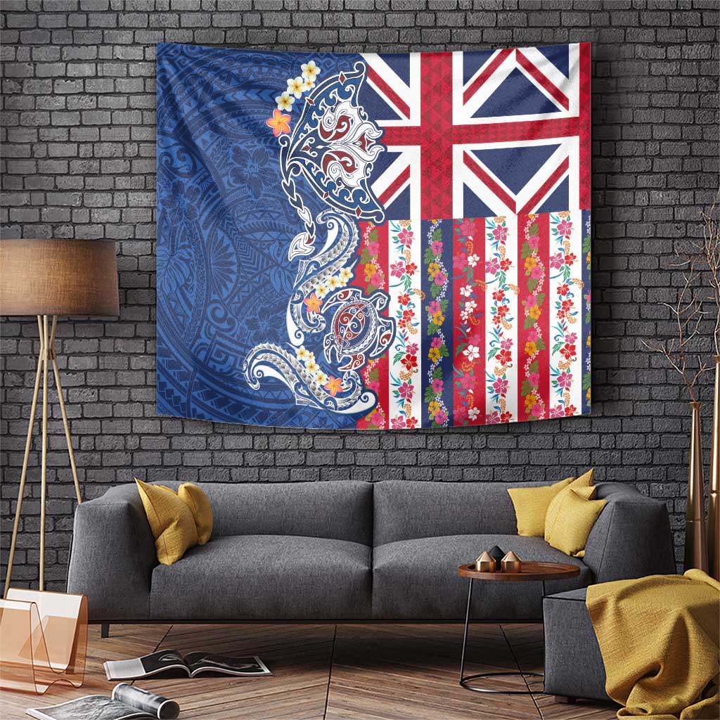 Hawaiian Manta Ray and Turtle Tribal Tattoo Tapestry With Hawaii Flag and Flowers LT03 Multicolor - Polynesian Pride