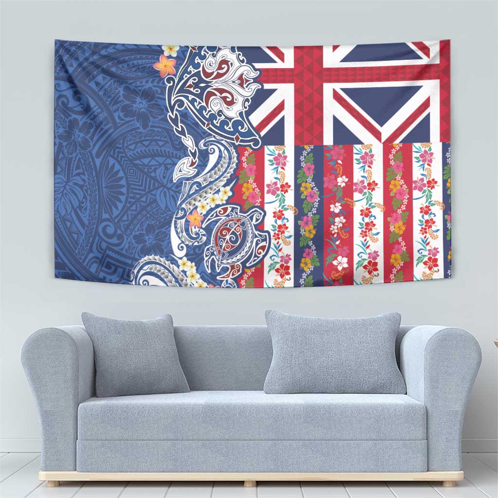 Hawaiian Manta Ray and Turtle Tribal Tattoo Tapestry With Hawaii Flag and Flowers