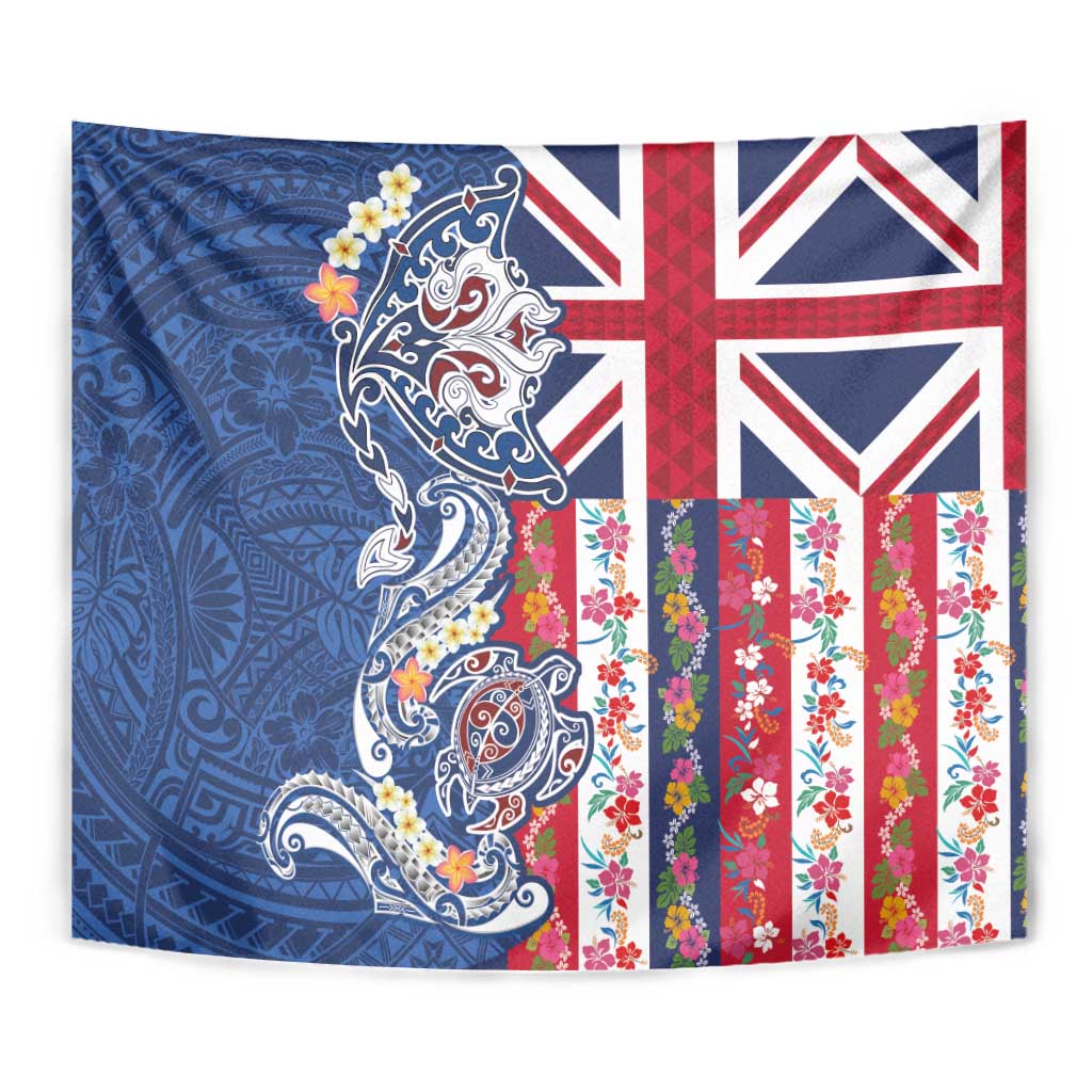 Hawaiian Manta Ray and Turtle Tribal Tattoo Tapestry With Hawaii Flag and Flowers