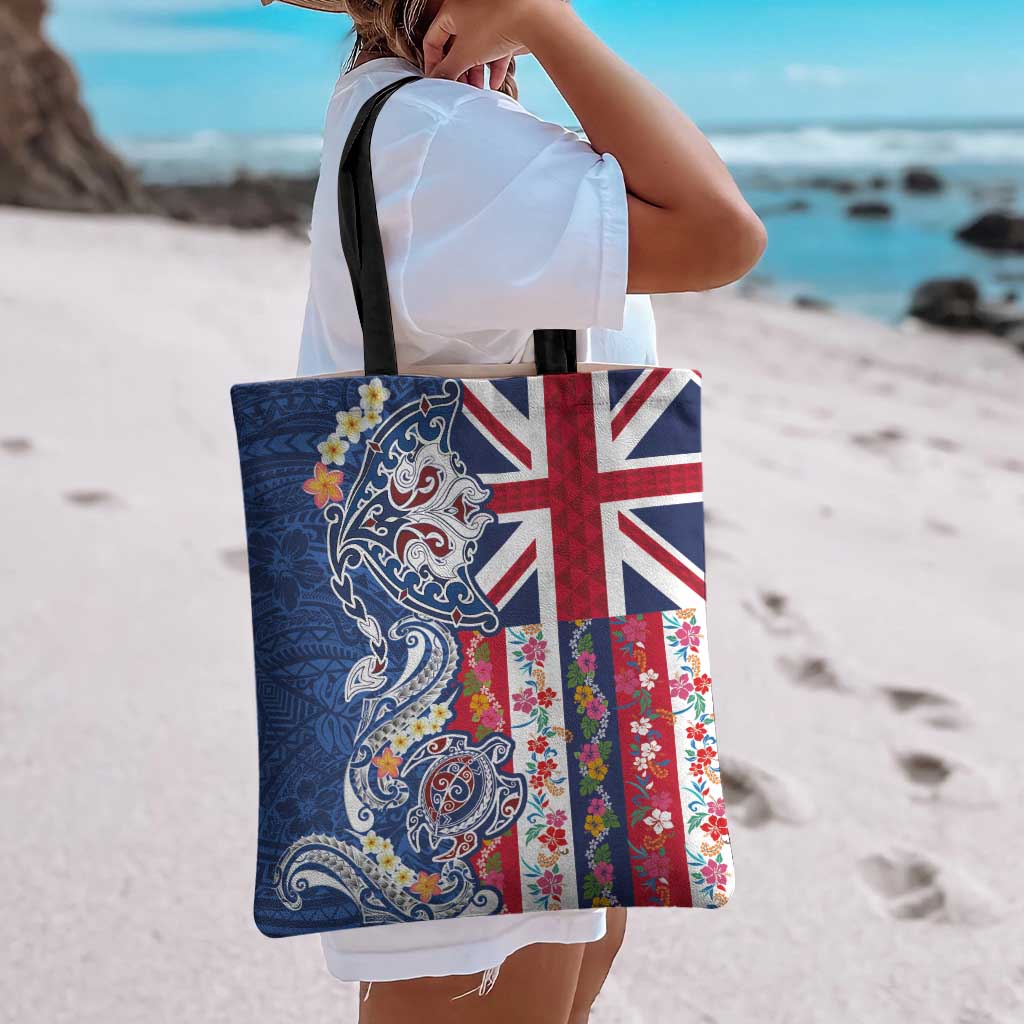 Hawaiian Manta Ray and Turtle Tribal Tattoo Tote Bag With Hawaii Flag and Flowers LT03 - Polynesian Pride