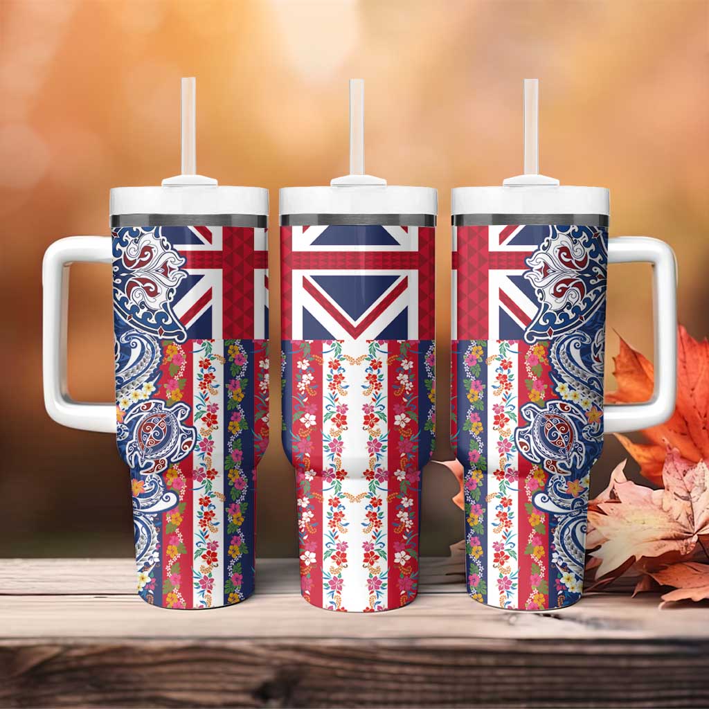 Hawaiian Manta Ray and Turtle Tribal Tattoo Tumbler With Handle With Hawaii Flag and Flowers LT03 - Polynesian Pride
