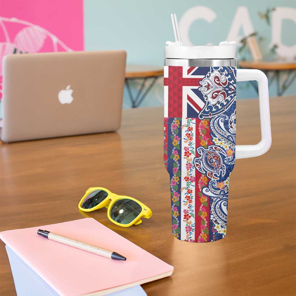 Hawaiian Manta Ray and Turtle Tribal Tattoo Tumbler With Handle With Hawaii Flag and Flowers LT03 - Polynesian Pride