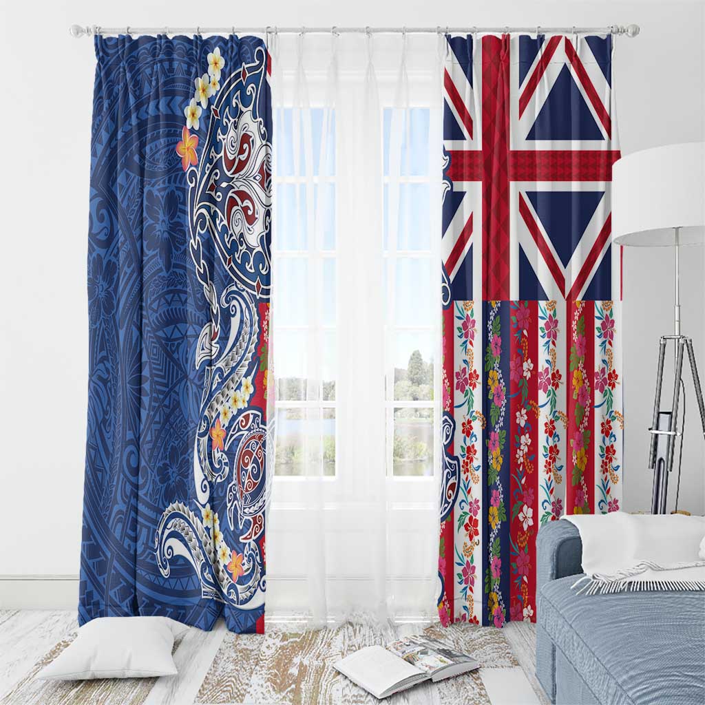 Hawaiian Manta Ray and Turtle Tribal Tattoo Window Curtain With Hawaii Flag and Flowers LT03 - Polynesian Pride
