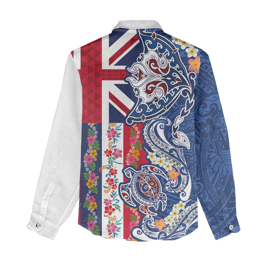 Hawaiian Manta Ray and Turtle Tribal Tattoo Women Casual Shirt With Hawaii Flag and Flowers