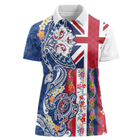 Hawaiian Manta Ray and Turtle Tribal Tattoo Women Polo Shirt With Hawaii Flag and Flowers